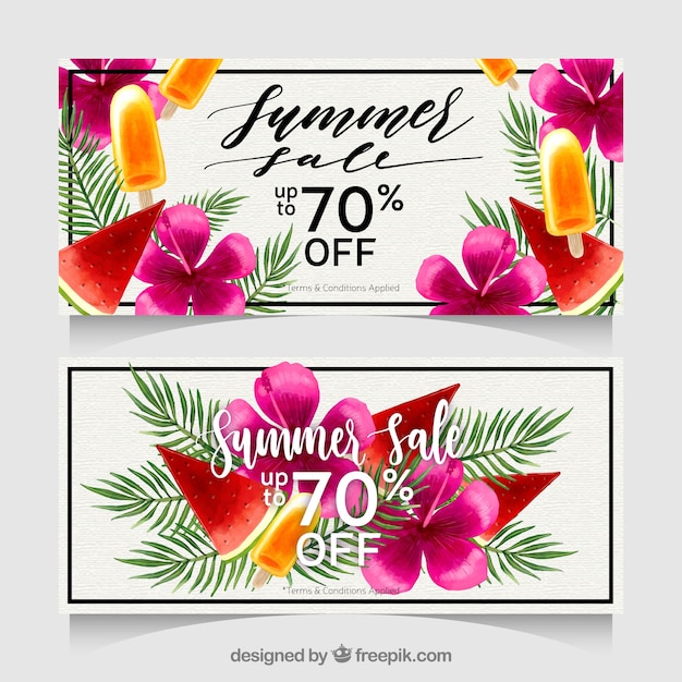 Banners de venta de verano con flores en estilo acuarela