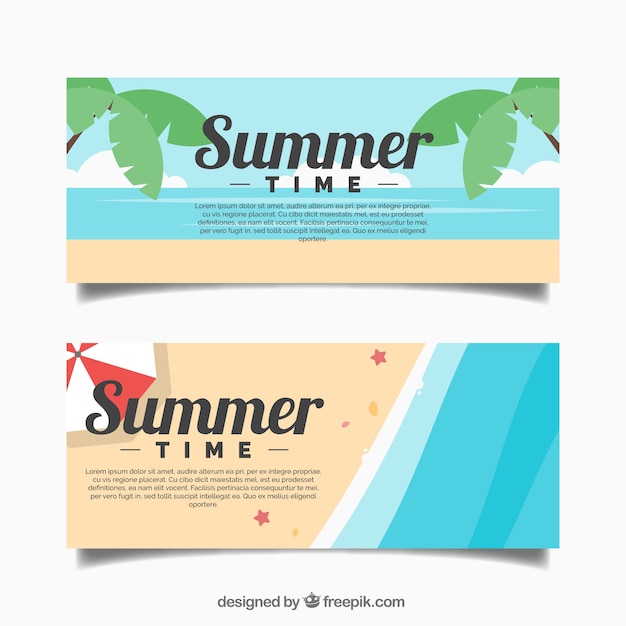 Banners de verano con el mar y palmeras