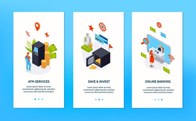 Banners verticales bancarios establecen publicidad en línea cajero automático de banca segura e invierten servicios ilustración