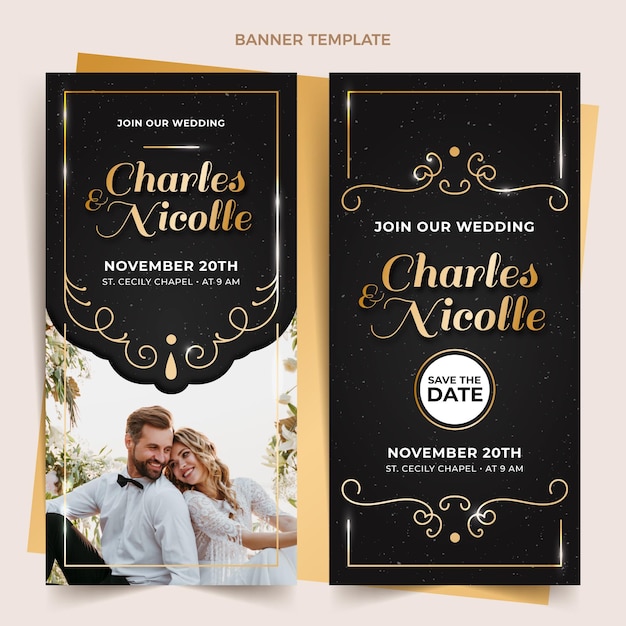 Vector gratuito banners verticales de boda dorada de lujo realista