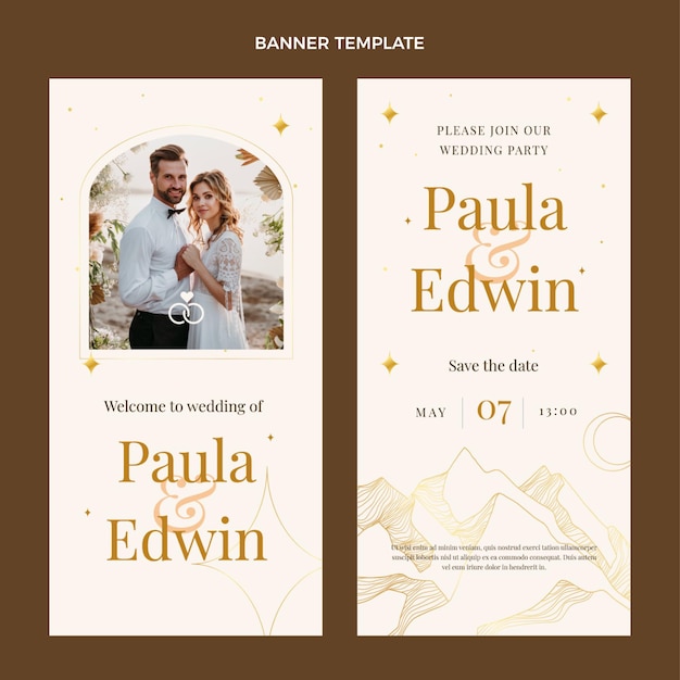 Banners verticales de boda dorada de lujo realista