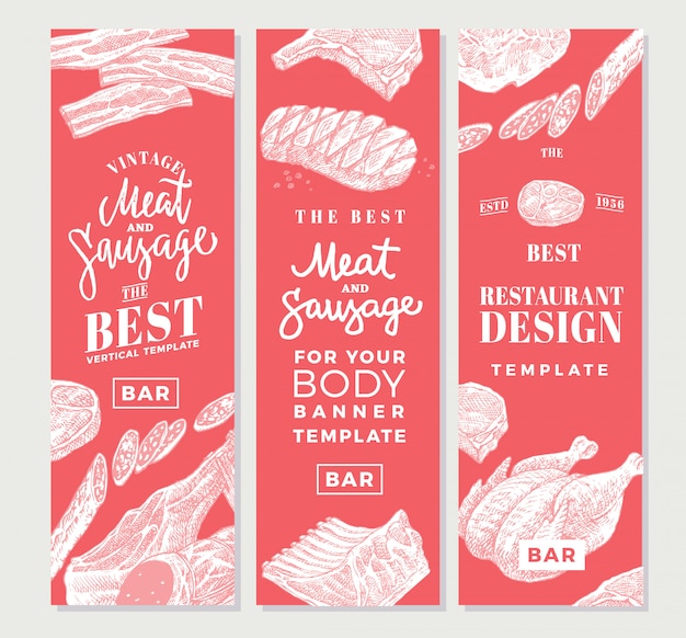 Banners verticales de carne dibujados a mano