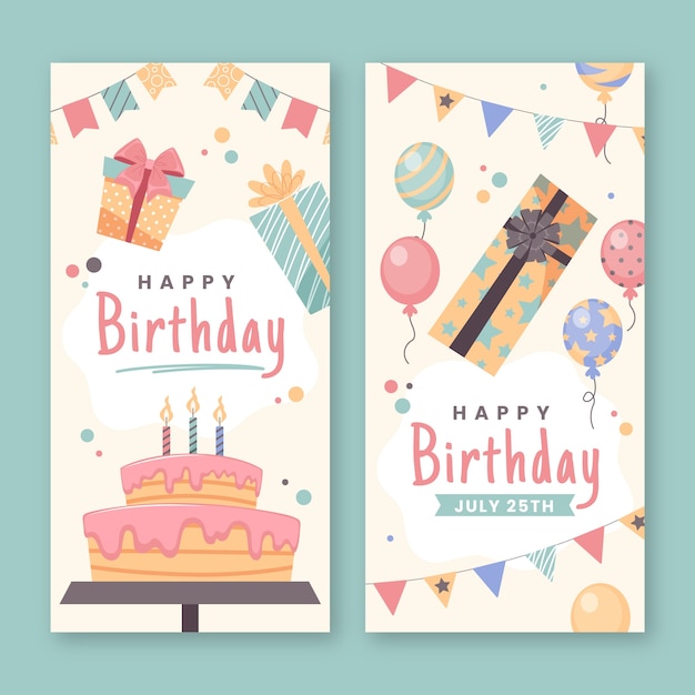 Banners verticales de celebración de cumpleaños dibujados a mano