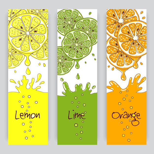 Banners verticales con cítricos. zumo de limón, lima y naranja