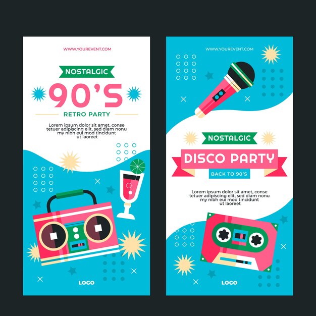 Banners verticales coloridos de fiesta de los 90 de diseño plano