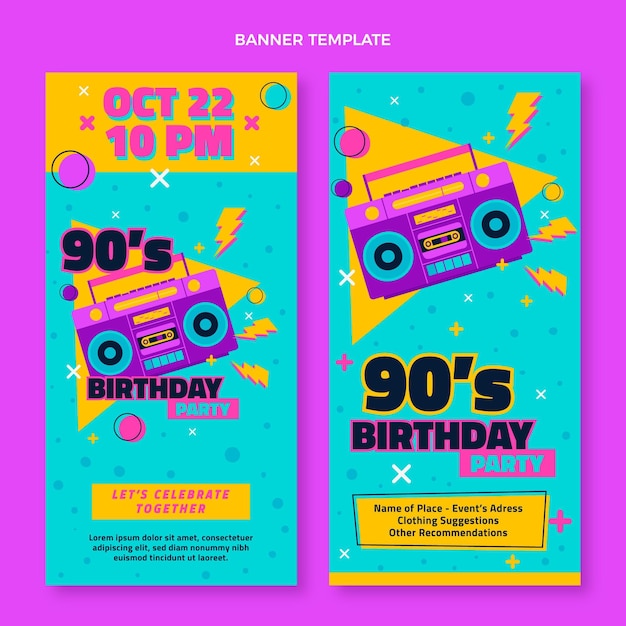 Vector gratuito banners verticales de cumpleaños de los 90 dibujados a mano