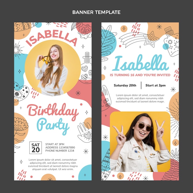 Vector gratuito banners verticales de cumpleaños boho dibujados a mano