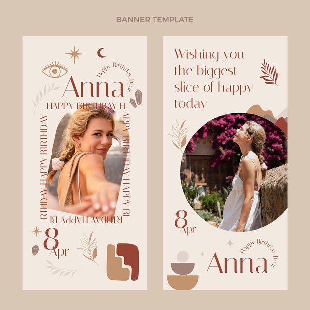 Banners verticales de cumpleaños boho dibujados a mano