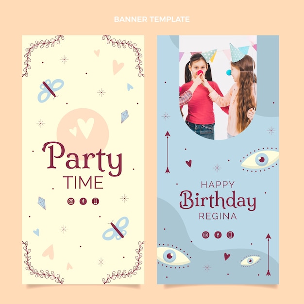 Vector gratuito banners verticales de cumpleaños boho dibujados a mano