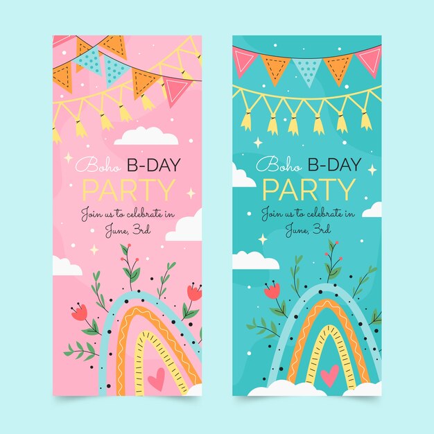 Banners verticales de cumpleaños boho dibujados a mano