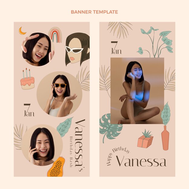 Banners verticales de cumpleaños boho dibujados a mano