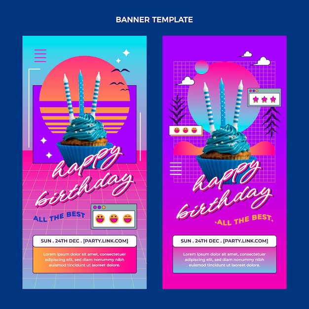 Vector gratuito banners verticales de cumpleaños degradado retro vaporwave