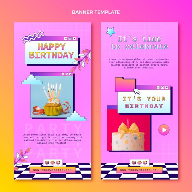 Banners verticales de cumpleaños degradado retro vaporwave