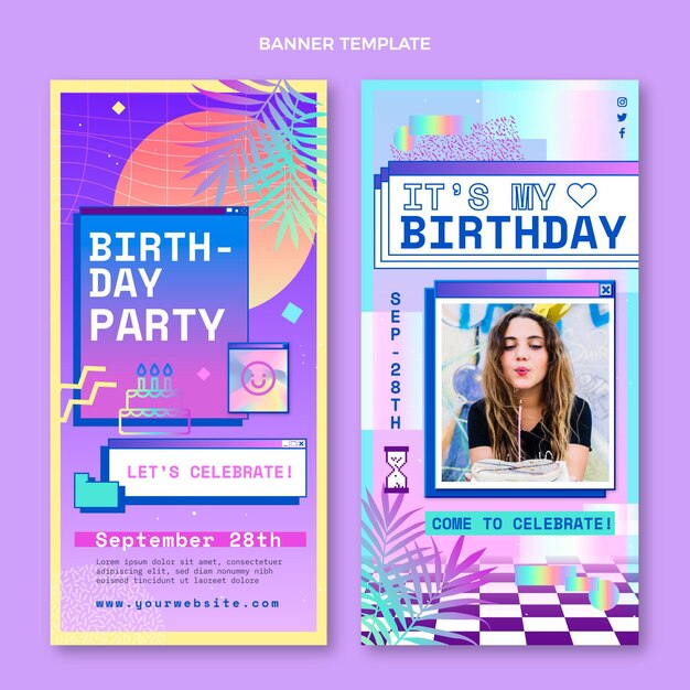 Banners verticales de cumpleaños degradado vaporwave