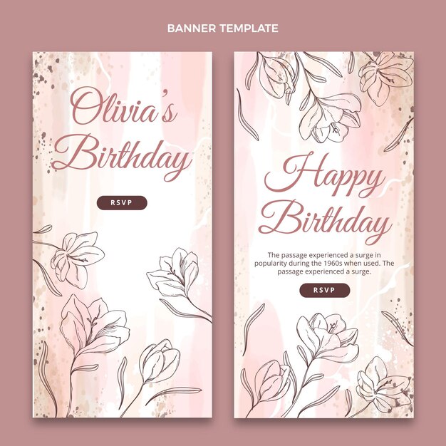 Banners verticales de cumpleaños dibujados a mano en acuarela