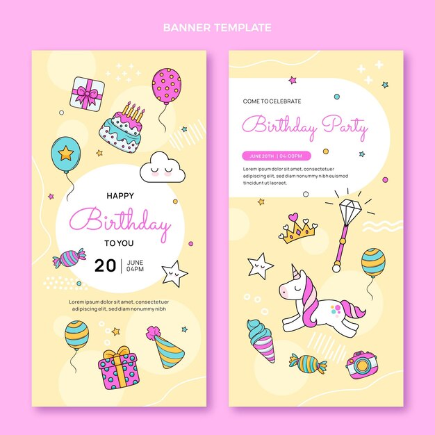Banners verticales de cumpleaños infantiles dibujados a mano