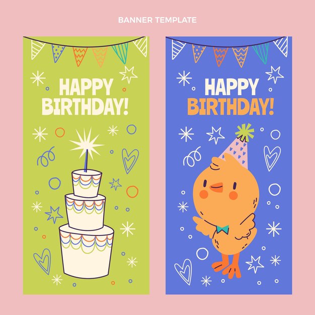 Banners verticales de cumpleaños infantiles dibujados a mano