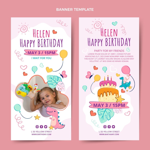 Vector gratuito banners verticales de cumpleaños infantiles dibujados a mano