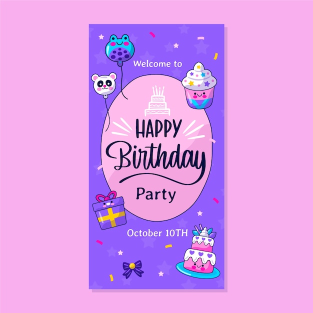 Vector gratuito banners verticales de cumpleaños infantiles dibujados a mano