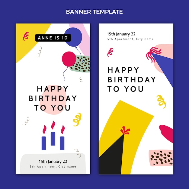 Banners verticales de cumpleaños mínimo de diseño plano