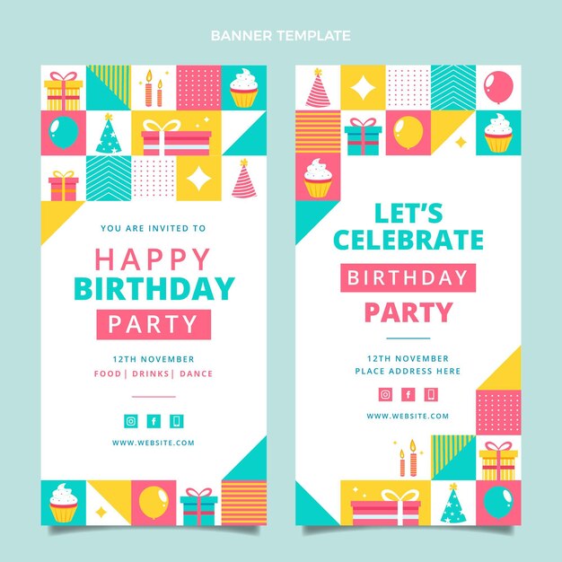 Banners verticales de cumpleaños de mosaico de diseño plano