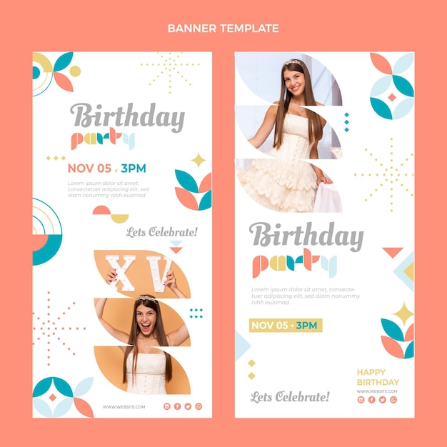 Banners verticales de cumpleaños de mosaico de estilo plano