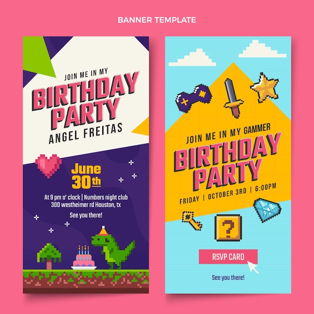 Banners verticales de cumpleaños nostálgico de diseño plano de los años 90