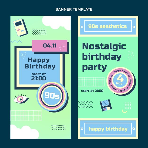Banners verticales de cumpleaños nostálgico de diseño plano de los años 90