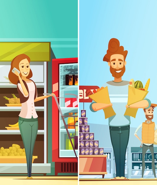 Vector gratuito banners verticales de dibujos animados retro de supermercado con clientes felices comprando comida