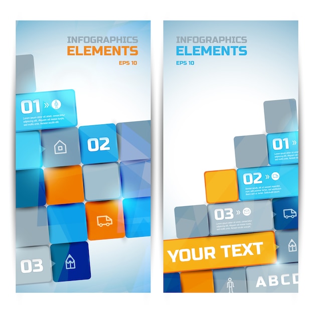 Vector gratuito banners verticales de elementos de infografía empresarial con coloridos cuadrados brillantes texto tres opciones de iconos de opciones