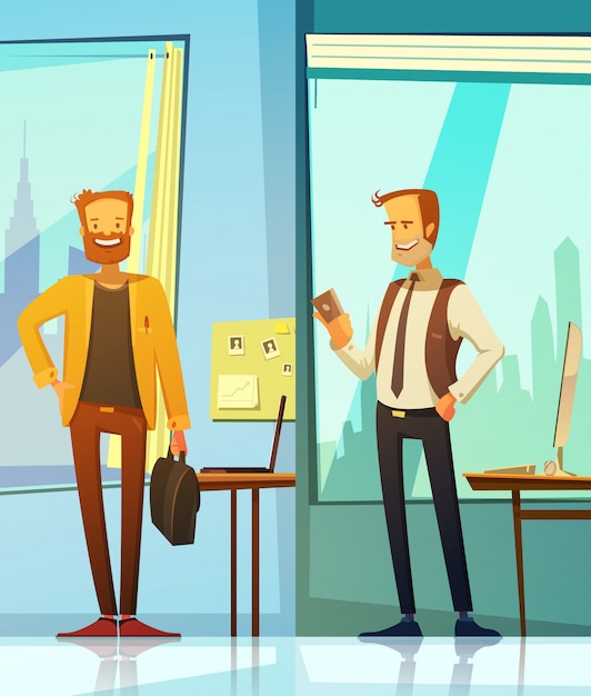 Vector gratuito banners verticales en estilo de dibujos animados con imágenes de empresarios sonrientes ubicados.