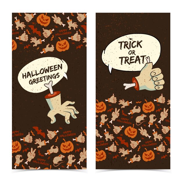 Banners verticales de Feliz Halloween con nubes de discurso cortan gestos de brazos de zombies