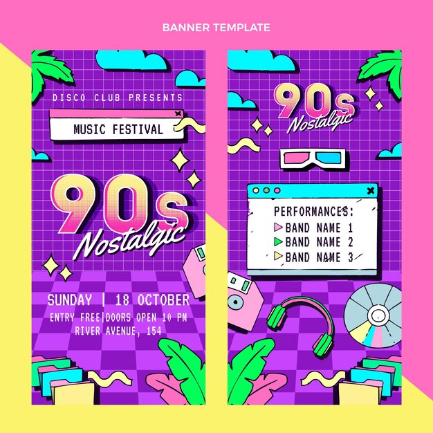 Banners verticales del festival de música de los 90 dibujados a mano