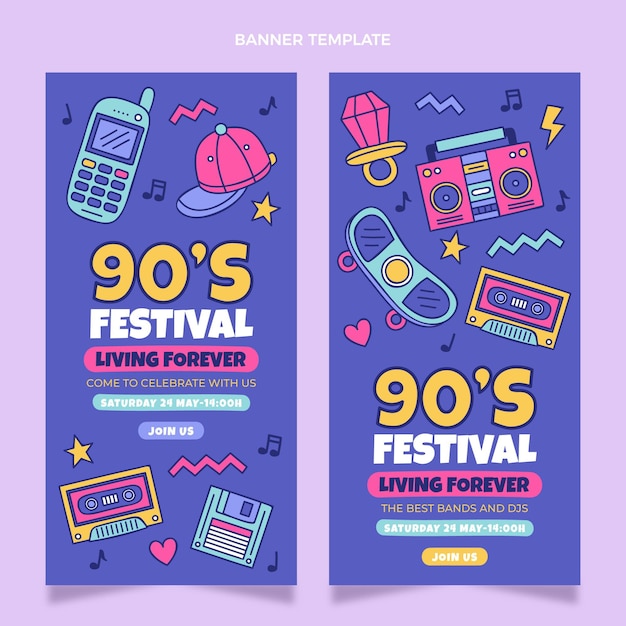 Banners verticales del festival de música de los 90 dibujados a mano