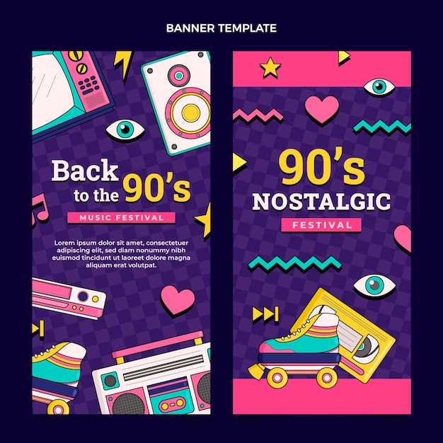 Banners verticales del festival de música de los 90 dibujados a mano