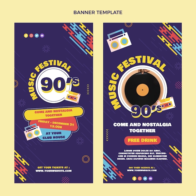 Vector gratuito banners verticales de festival de música de los 90 de diseño plano