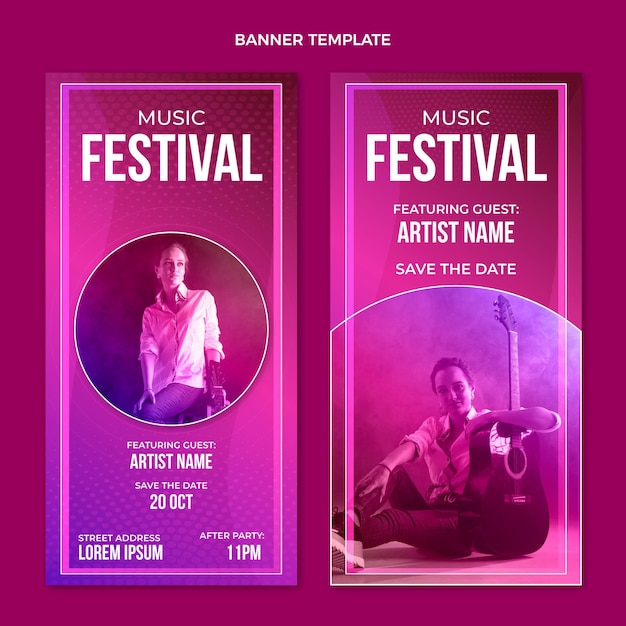 Vector gratuito banners verticales de festival de música colorido degradado