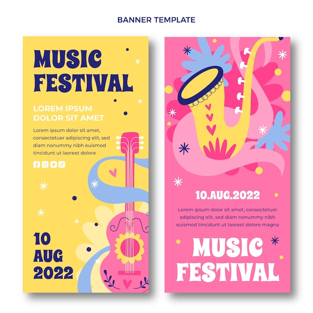 Banners verticales de festival de música dibujados a mano