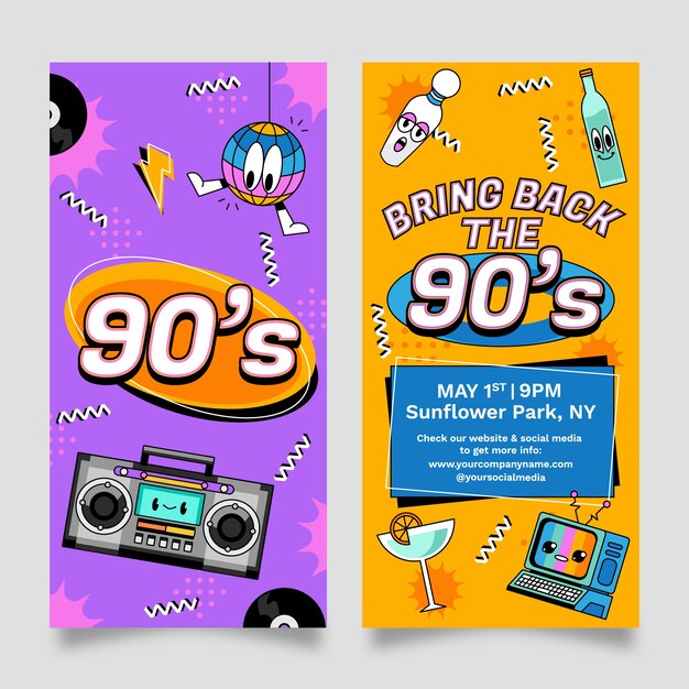 Banners verticales de fiesta de los 90 de dibujos animados dibujados a mano