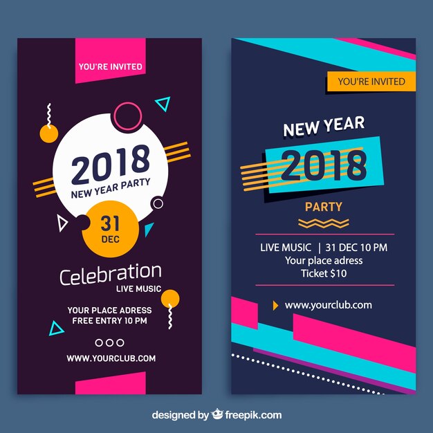 Banners verticales de fiesta de año nuevo 2018 estilo memphis