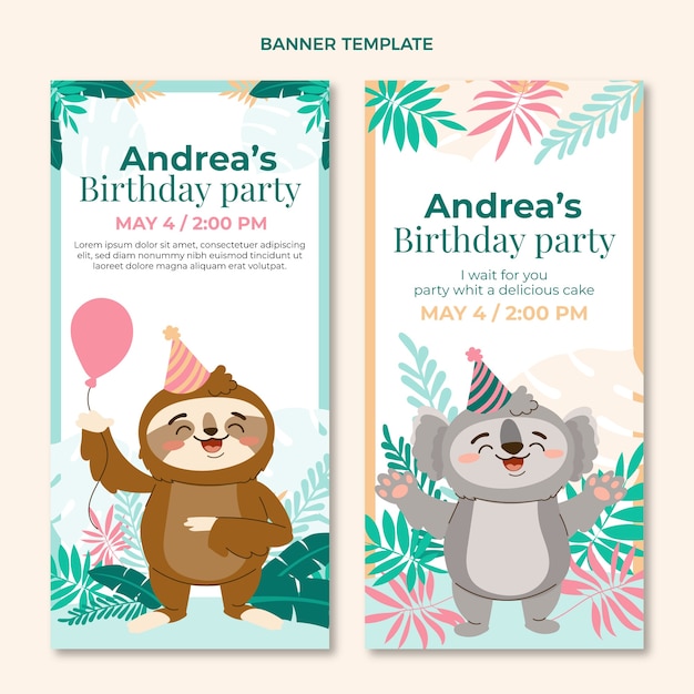 Vector gratuito banners verticales de fiesta de cumpleaños de selva dibujados a mano