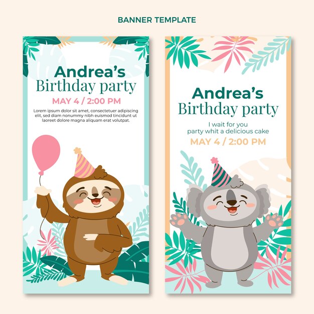 Banners verticales de fiesta de cumpleaños de selva dibujados a mano