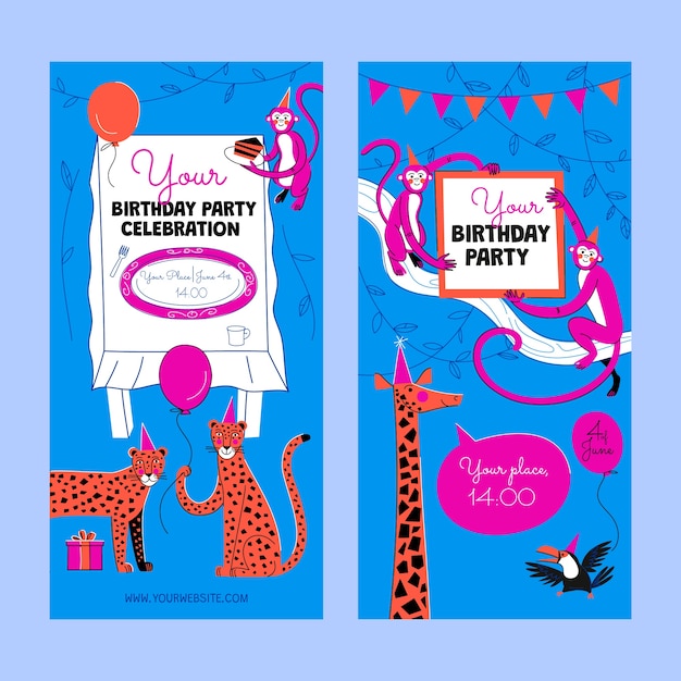 Vector gratuito banners verticales de fiesta de cumpleaños de selva dibujados a mano