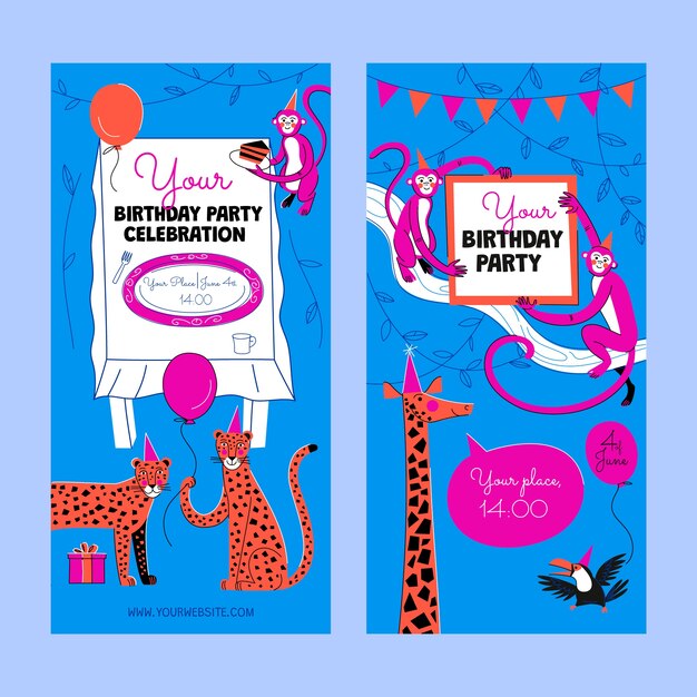 Banners verticales de fiesta de cumpleaños de selva dibujados a mano