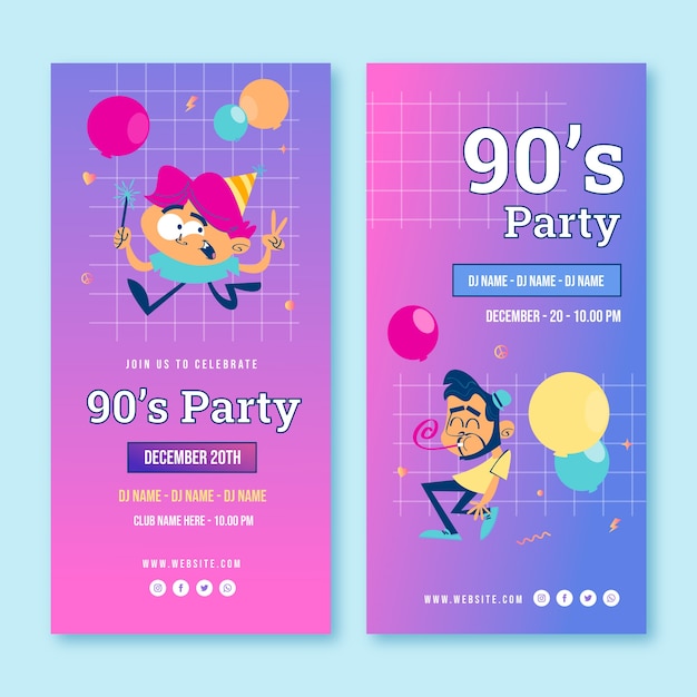 Vector gratuito banners verticales de fiesta de dibujos animados degradados de los 90