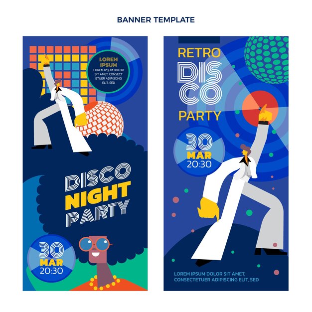 Banners verticales de fiesta disco retro de diseño plano
