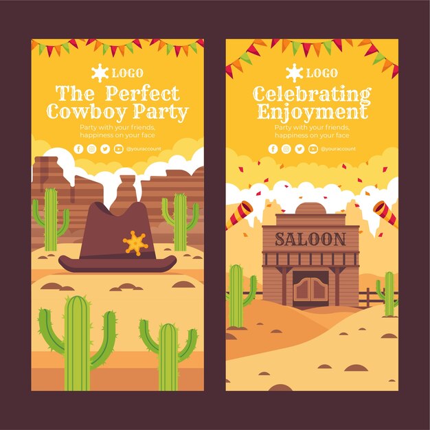 Banners verticales de fiesta vaquera de diseño plano