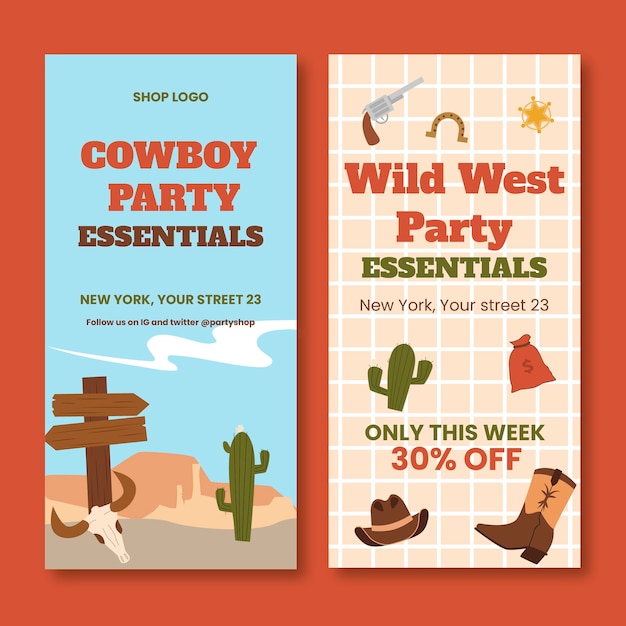 Vector gratuito banners verticales de fiesta de vaqueros dibujados a mano