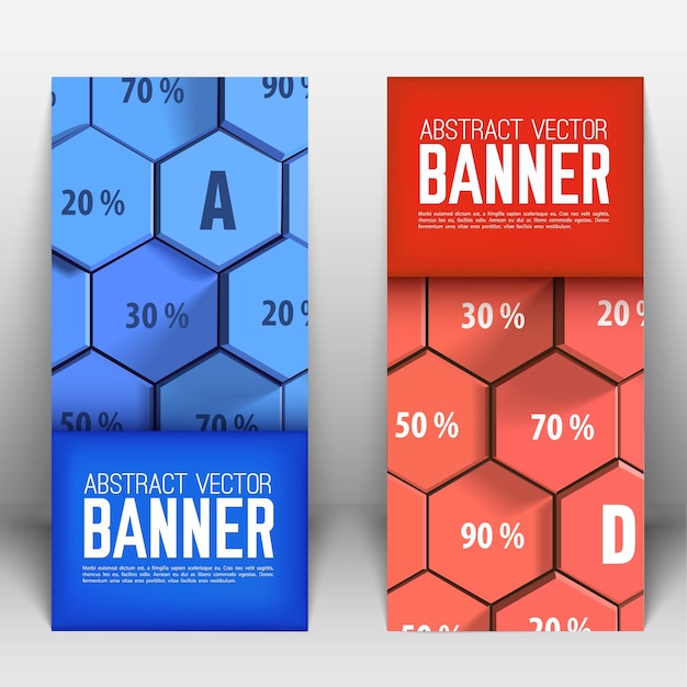 Banners verticales geométricos abstractos de negocios con hexágonos 3d azules y rojos y porcentaje aislado
