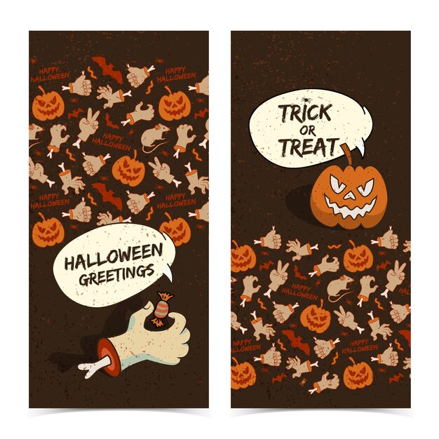 Banners verticales de Halloween de dibujos animados con calabaza espeluznante brazo zombie